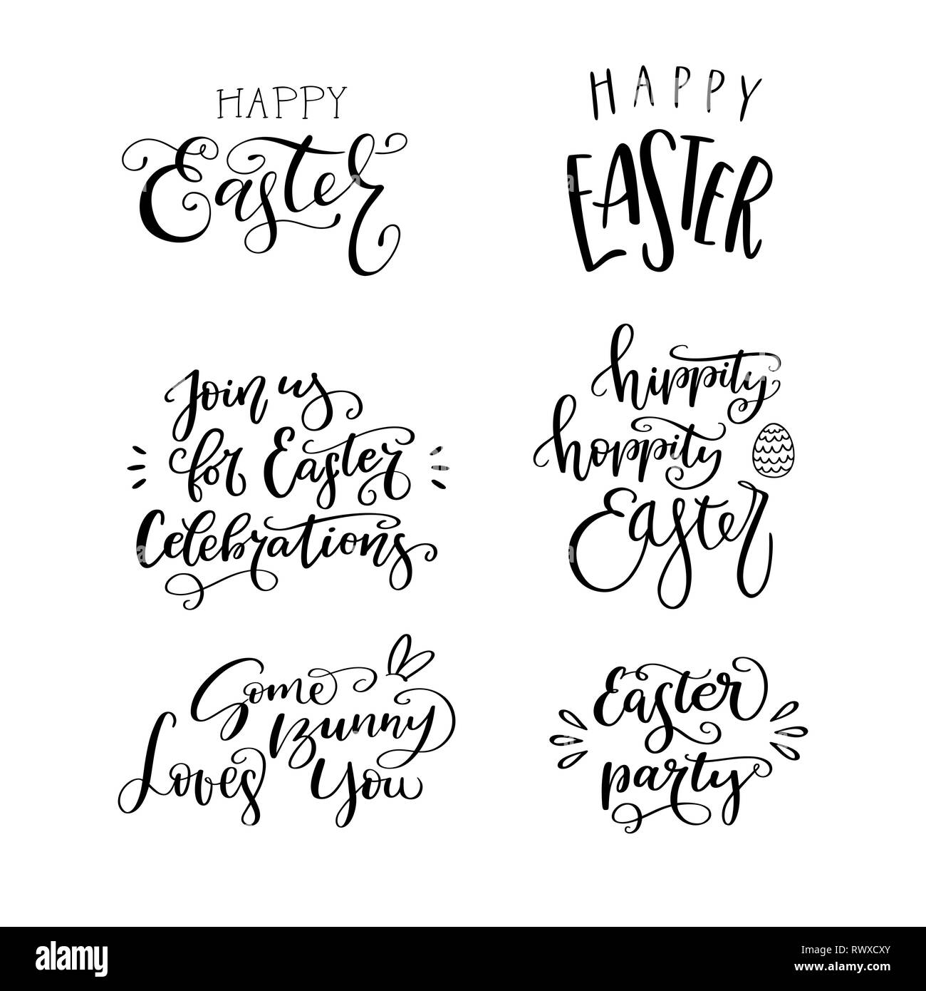 Set di disegnati a mano scritte frase 'Felice Pasqua', 'Hippity Hoppity, Pasqua', 'Pasqua partito', 'Some Bunny vi ama", "unirsi a noi per la Pasqua Illustrazione Vettoriale