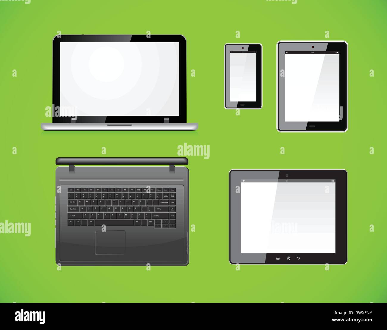 Laptop, tablet PC e computer mobile smartphone con una schermata vuota. Isolato su uno sfondo verde. Vettore Illustrazione Vettoriale