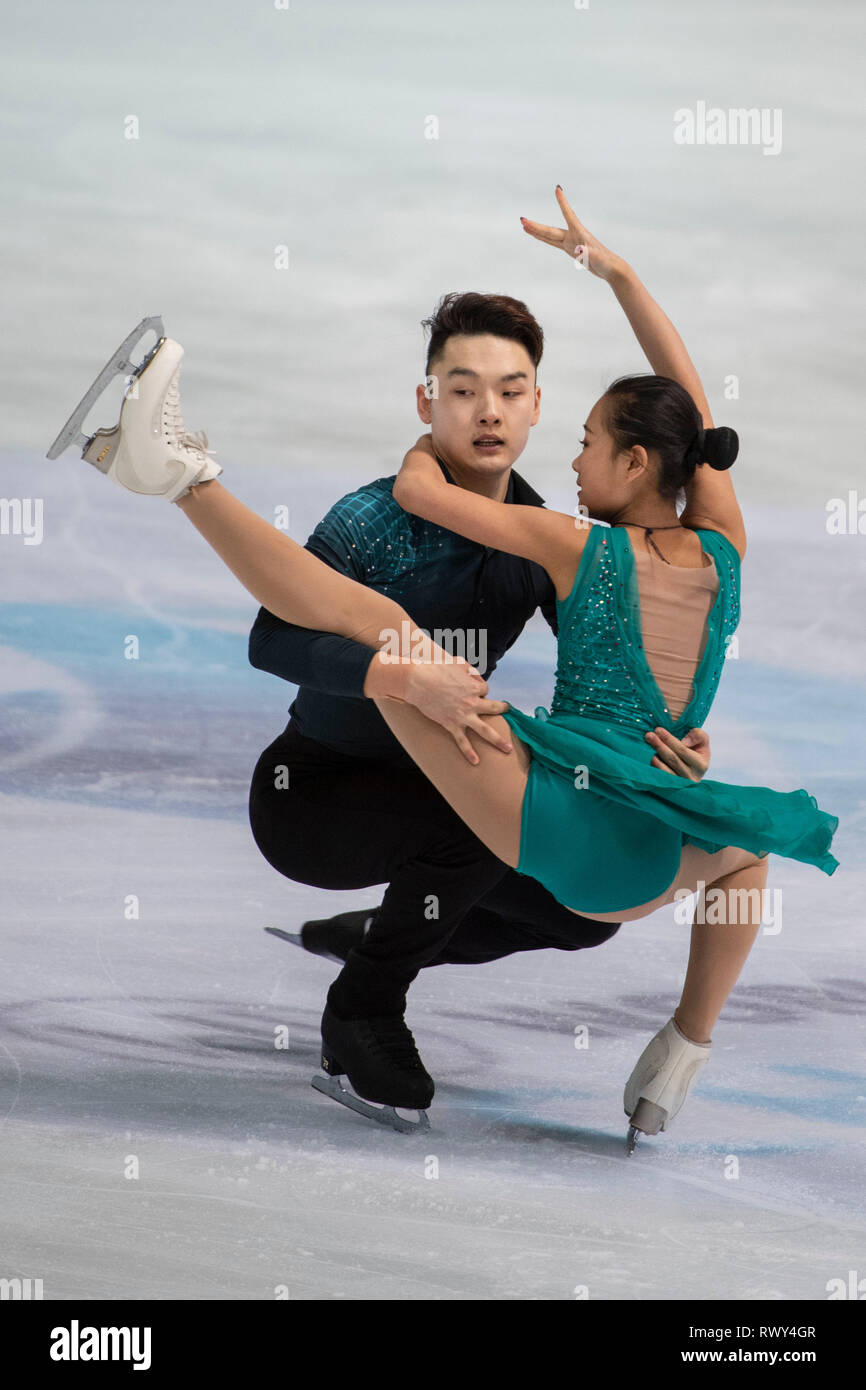 Codolo Feiyao/Yongchao Yang della Cina durante l'ISU Junior World Figure Skating Championships 2019, Junior coppie pattinaggio gratuito al Dom Sportova Zagreb, Croazia, in data 7 marzo 2019. Credito: Enrico Calderoni AFLO/sport/Alamy Live News Foto Stock