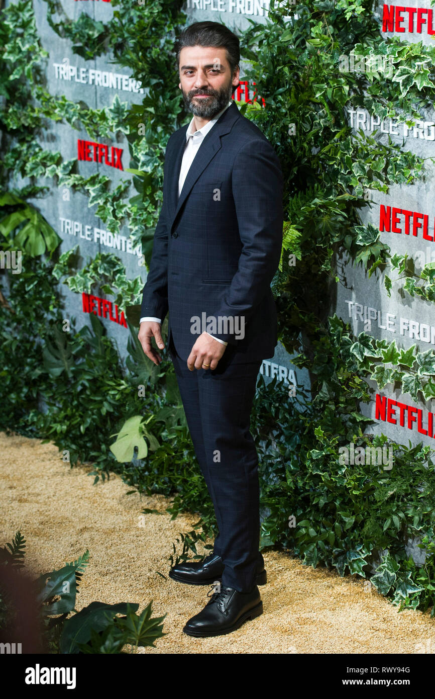 Oscar Isaac alla premiere del film di Netflix 'Triple frontera / Triple frontiera' Cine a Callao. Madrid, 06.03.2019 | Utilizzo di tutto il mondo Foto Stock