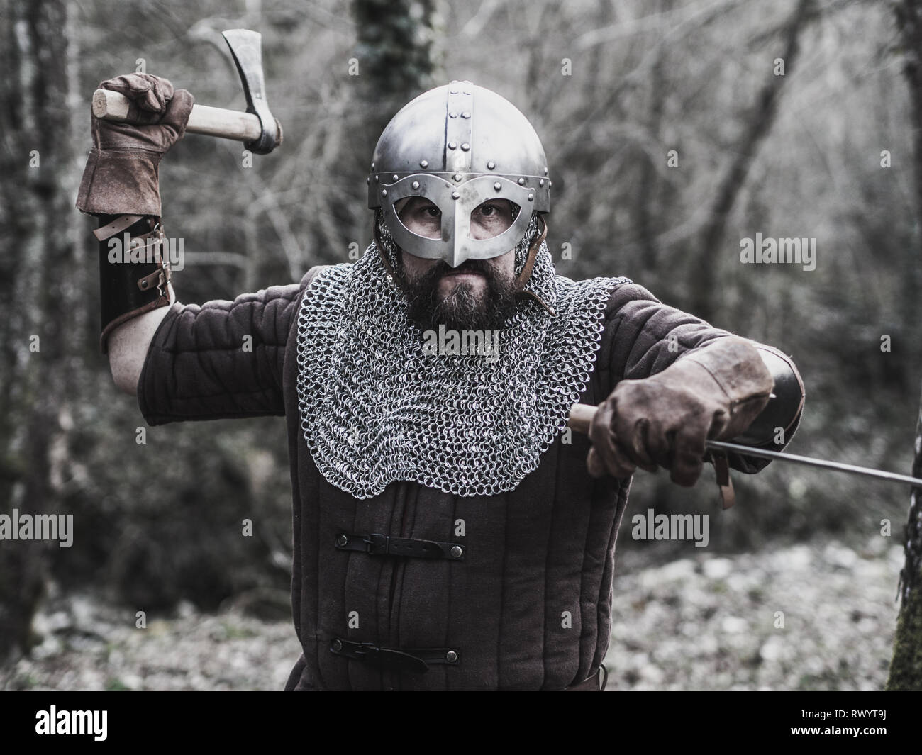 Viking con ax e la spada pronto alla battaglia Foto Stock