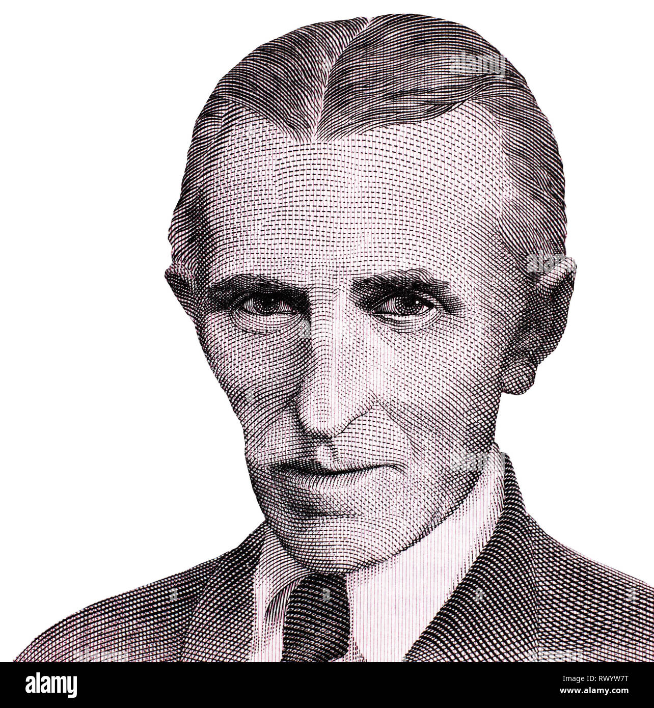 Nikola Tesla ritratto isolato su sfondo bianco. Frammento della vecchia banconota jugoslavo close-up Foto Stock