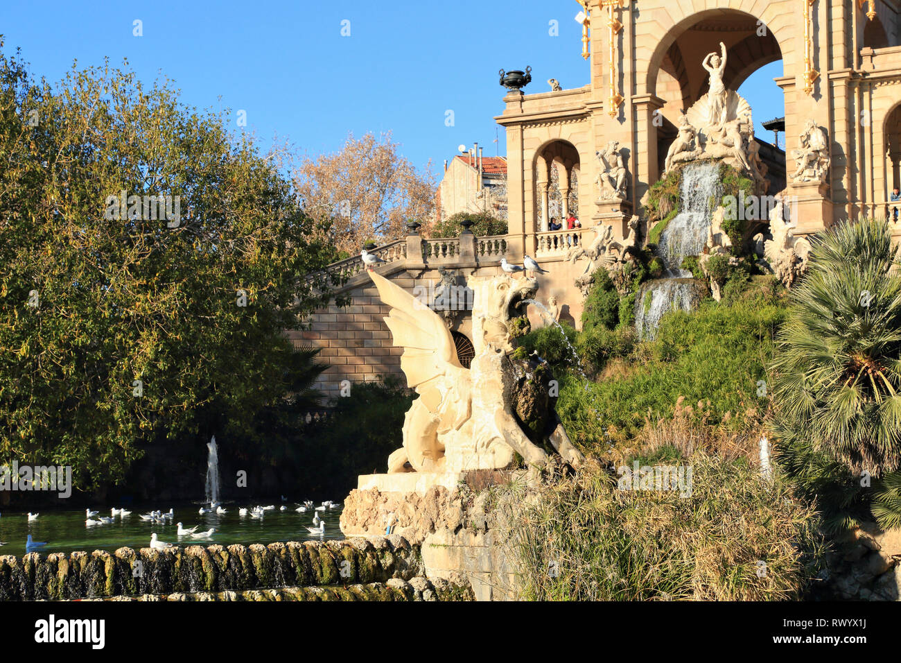 Cascada fontana a Ciudadella Park, Barcellona Foto Stock