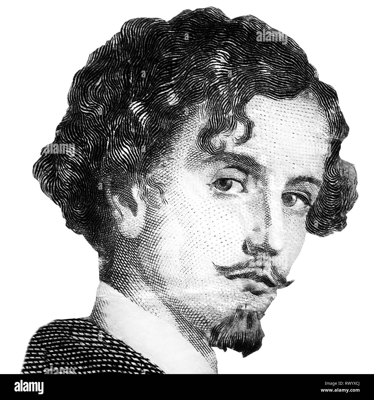 Famoso scrittore spagnolo Gustavo Adolfo Becquer ritratto isolato su sfondo bianco. Frammento di vecchie banconote in Spagna. Immagine in bianco e nero Foto Stock