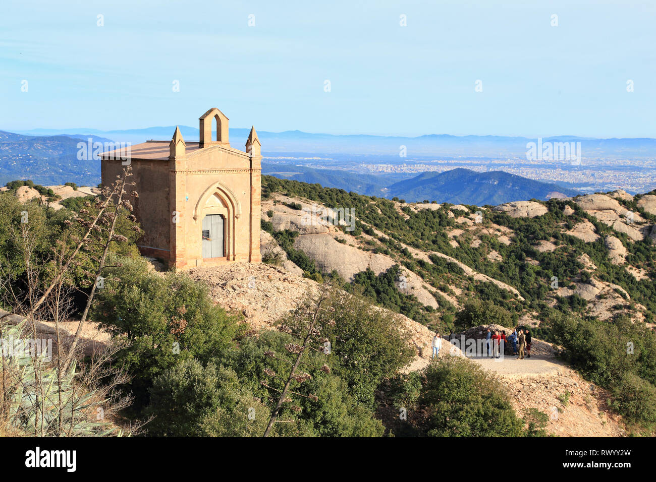 Saint Joan Cappella, escursioni nelle montagne di Montserrat, Catalogna, Spagna Foto Stock