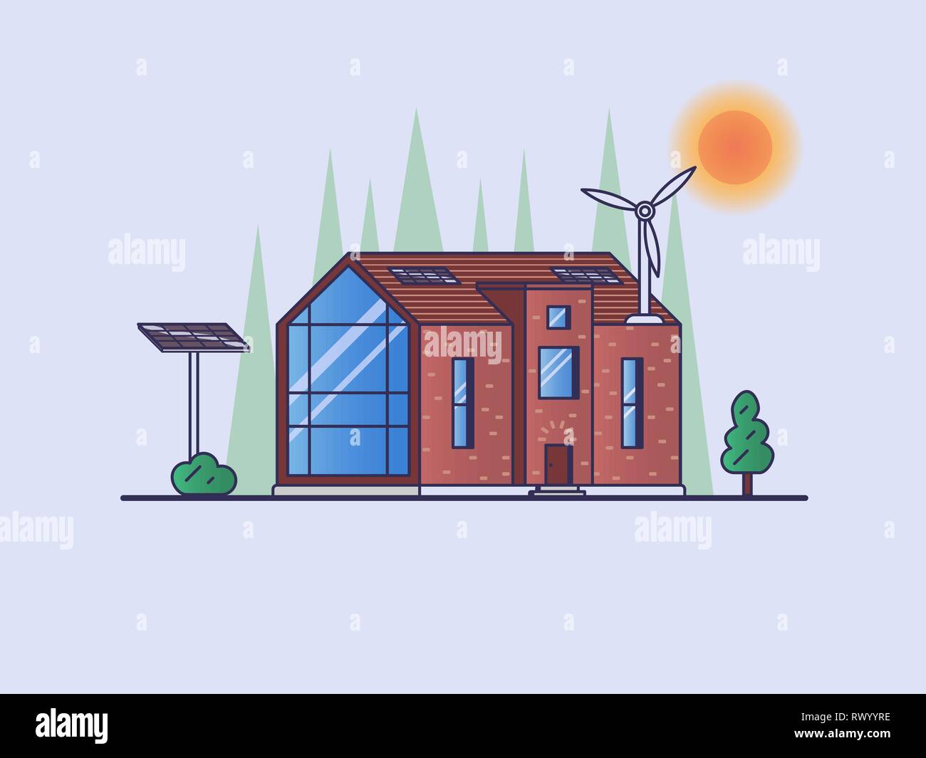Casa moderna con eco-tecnologie - diversi pannelli solari e una turbina a vento sul tetto Illustrazione Vettoriale