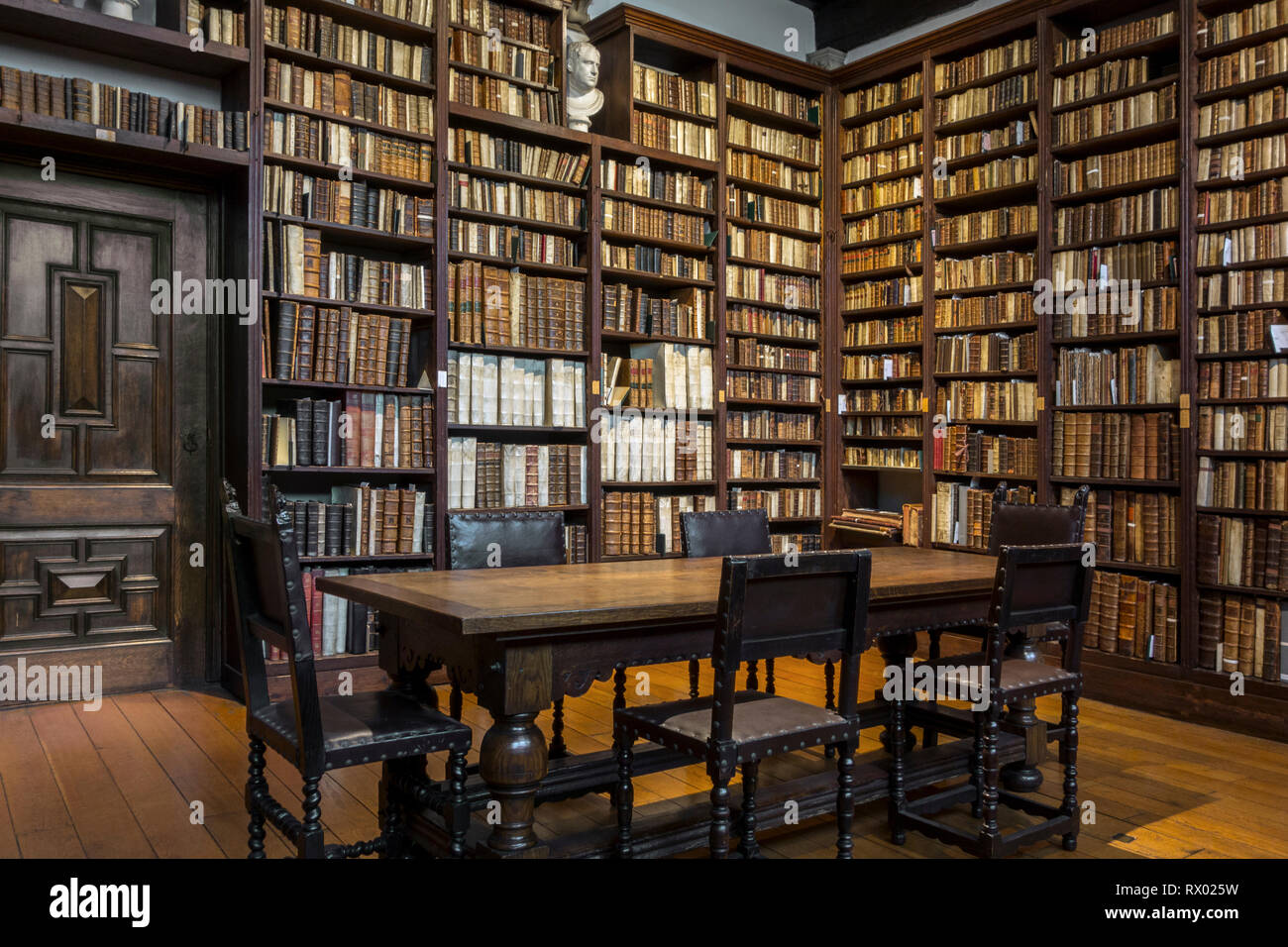 Libreria con libri antichi nella piccola biblioteca presso il Museo Plantin-Moretus / Plantin-Moretusmuseum circa cinquecento stampanti, Anversa, Belgio Foto Stock