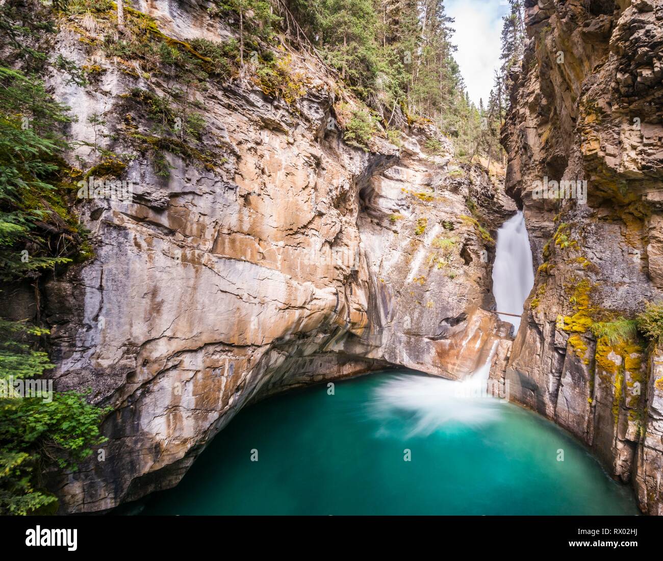 Cascata, Cascate Inferiori, fiume di montagna in una gola, Johnston Creek nel Canyon Johnston, Bow Valley, il Parco Nazionale di Banff Foto Stock