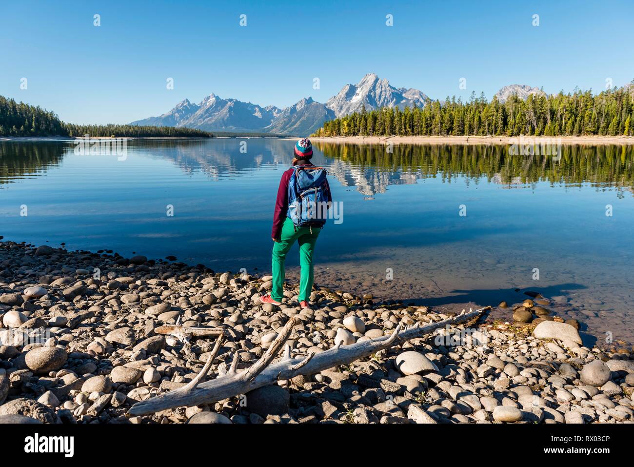 Giovane donna con zaino in piedi sulla riva, montagne riflesse nel lago, Colter Bay, il lago Jackson, Teton gamma Foto Stock