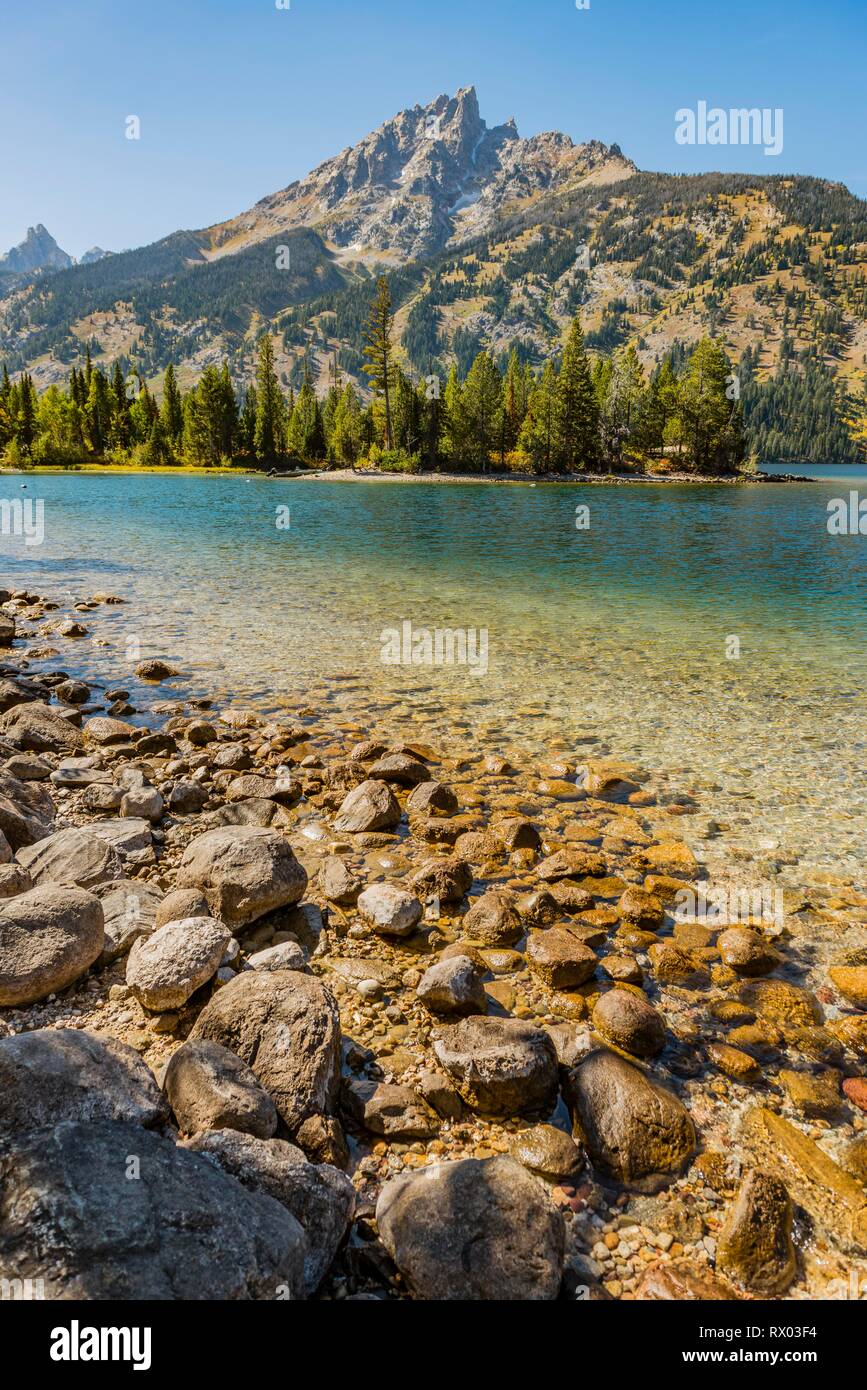 Lago, Lake Jenny, Grand Teton Mountain, gamma Teton Mountain Range, il Parco Nazionale del Grand Teton, Wyoming USA Foto Stock