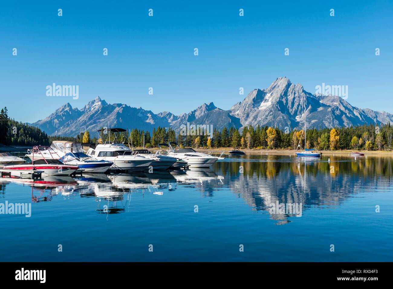 Le montagne si riflette nel lago, il lago Jackson, barche a vela in una baia, Colter Bay, Teton Range gamma di montagna Foto Stock