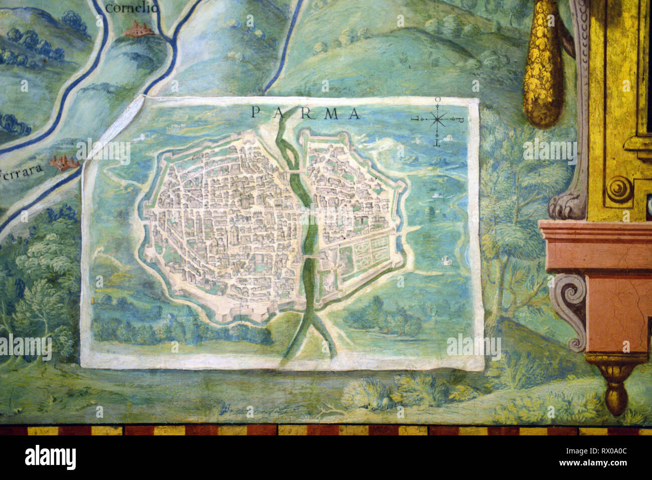 Piantina della città vecchia o mappa di Parma, Italia. O affresco dipinto nella galleria di mappe (1580-83) basato su disegni di Ignazio Danti Musei Vaticani Foto Stock