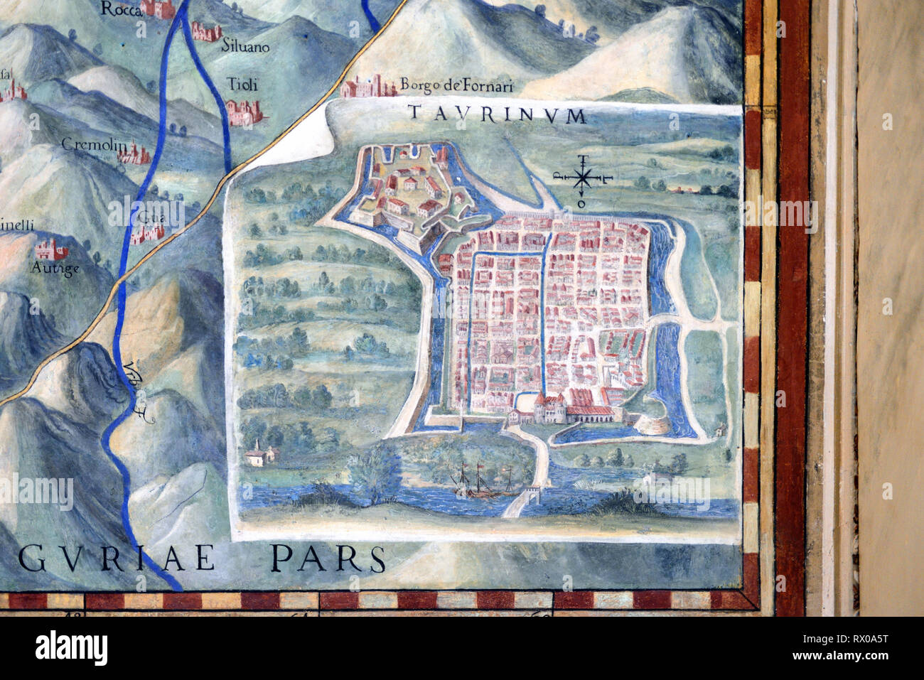 Piantina della città vecchia o mappa di Torino, Italia. O affresco dipinto nella galleria di mappe (1580-83) basato su disegni di Ignazio Danti Musei Vaticani Foto Stock
