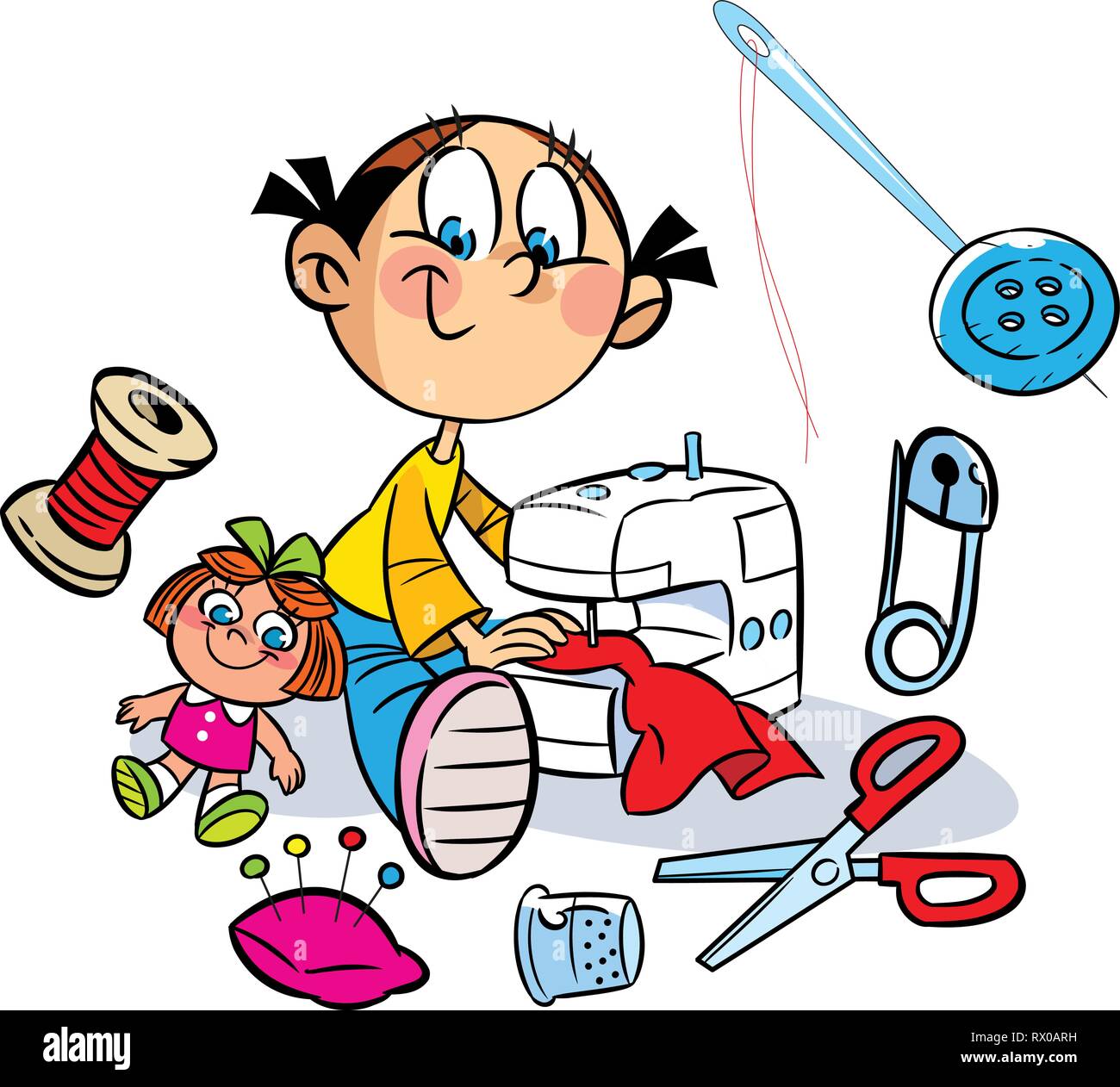 La figura mostra una bambina che cuce sulla macchina per cucire vestiti per la bambola. In prossimità di essa mostra i vari elementi per cucitura. Illustrazione fatto Illustrazione Vettoriale