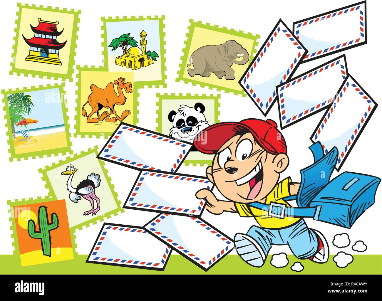 La figura mostra il ragazzo postino che recapita le lettere. Illustrazione fatta in stile cartoon. Illustrazione Vettoriale