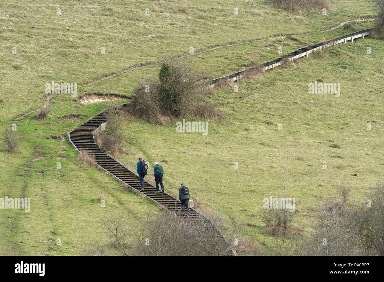 Walkers salendo la scalinata fino St Catherine Hill vicino a Winchester nel South Downs National Park, Hampshire, Regno Unito Foto Stock