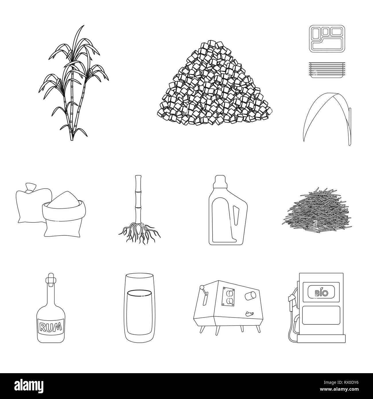 Bush,pezzo,cartone,foglie,bag,root,Casa,bagasse,rum,succhi di frutta,spremiagrumi,benzina,palm,granulata,contenitore,verde,sabbia,sistema,prodotti chimici,materie,bottiglia,macchina,l'ugello,pilastro,blocco,pack,carboidrato,procedimento,zucchero,campo,impianto,plantation,agriturismo,l'agricoltura,saccarosio,technology,la canna da zucchero, la canna da zucchero,impostare,vettore,icona,immagine,isolato,raccolta,design,l'elemento,graphic,segno,contorno,linea vettori vettore , Illustrazione Vettoriale