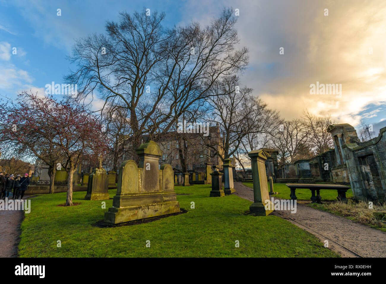 Edimburgo, Scozia - Vista dei Greyfriars Kirkyard, Churchyard con un negozio, tombe e museo, che racconta la storia del cane fedele, Greyfriars Bobby. Foto Stock