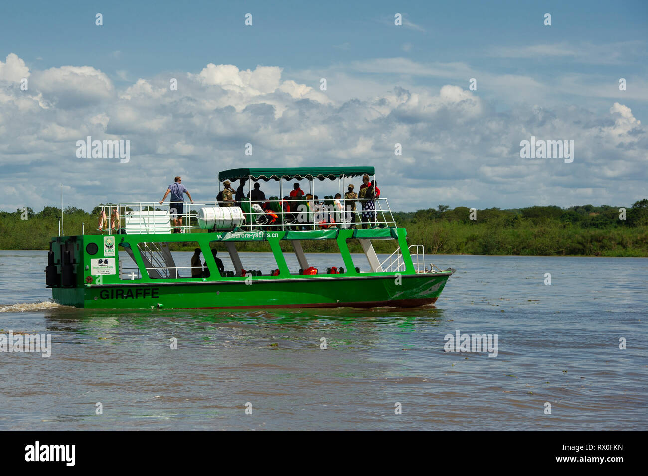Gita in barca sul Nilo Victoria, Murchison Falls National Park, Uganda Foto Stock
