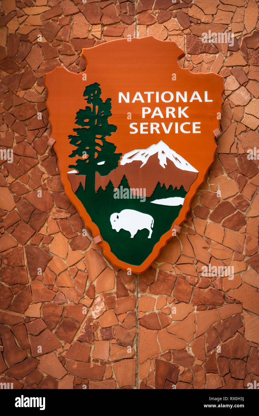 National Park Service segno, Zion National Park nello Utah Stati Uniti d'America Foto Stock