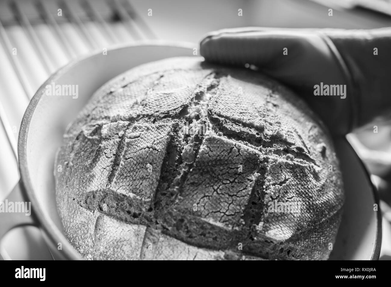 Immagine monocromatica di prendere appena sfornato il pane caldo fuori di una pentola di creta. Foto Stock