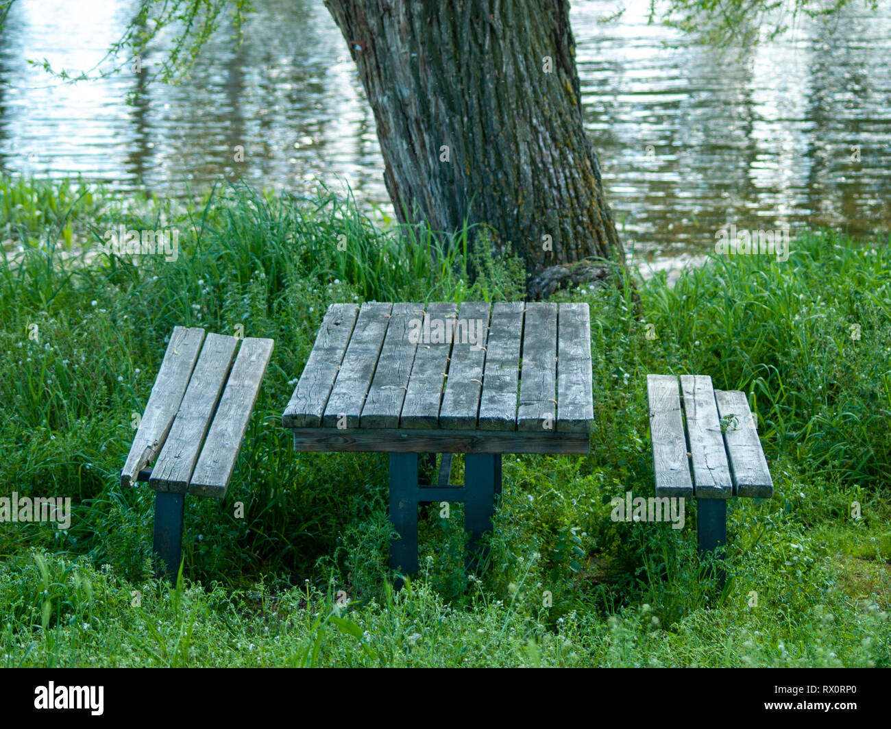 Tavoli in legno e panche in un area picnic in riva del fiume tra l'erba Foto Stock