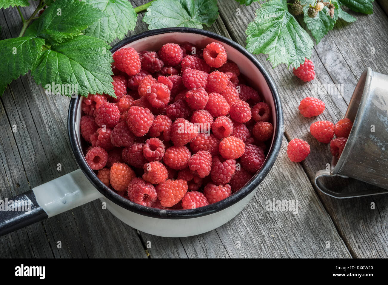 Ciotola piena di lamponi e rustico mug con maturi sparsi bacche. Vista dall'alto. Foto Stock