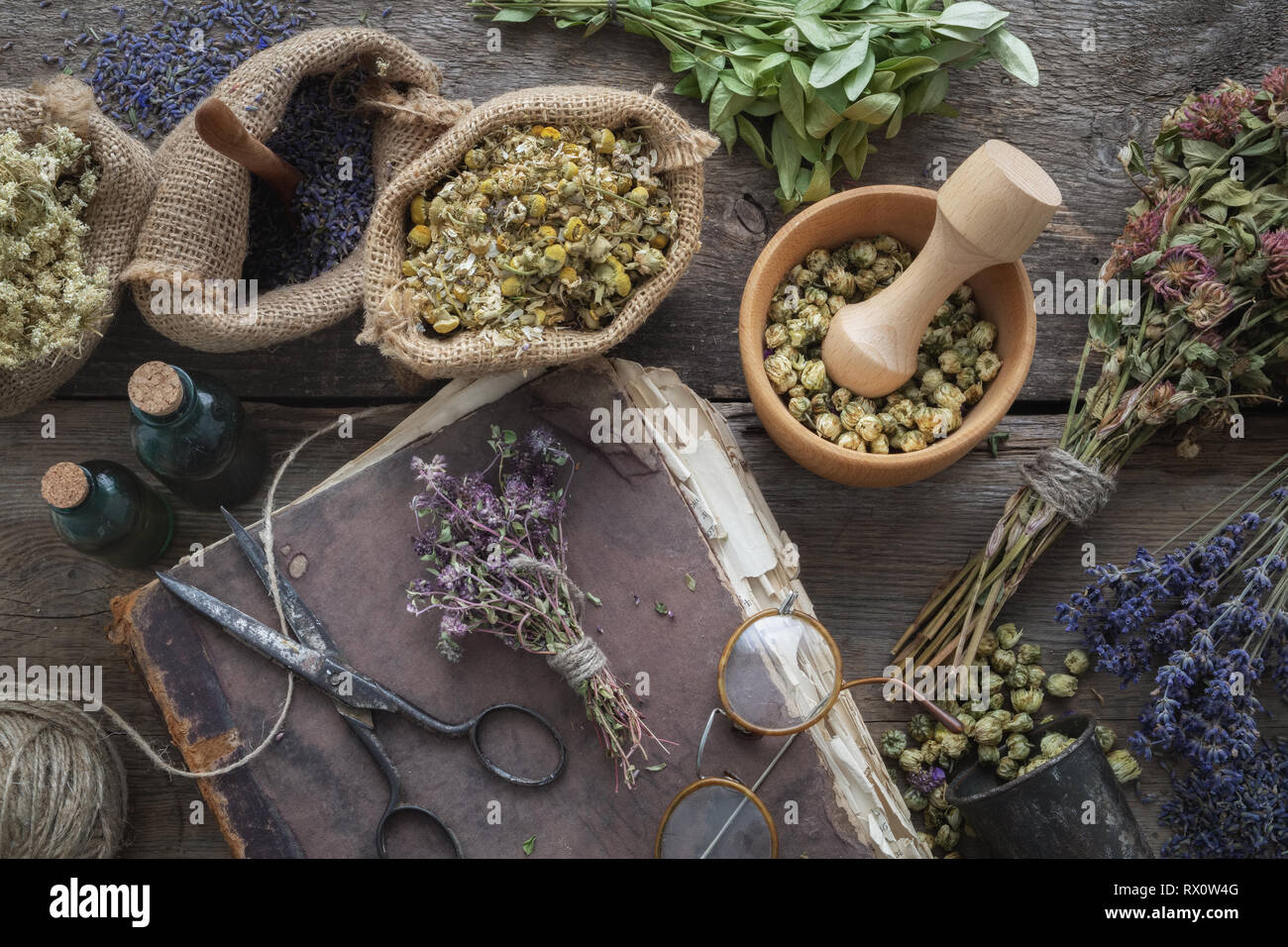 Vecchio libro, occhiali, tintura bottiglie, assortimento di secca erbe sane, Malta. La medicina di erbe. Vista superiore, piatto laici. Foto Stock