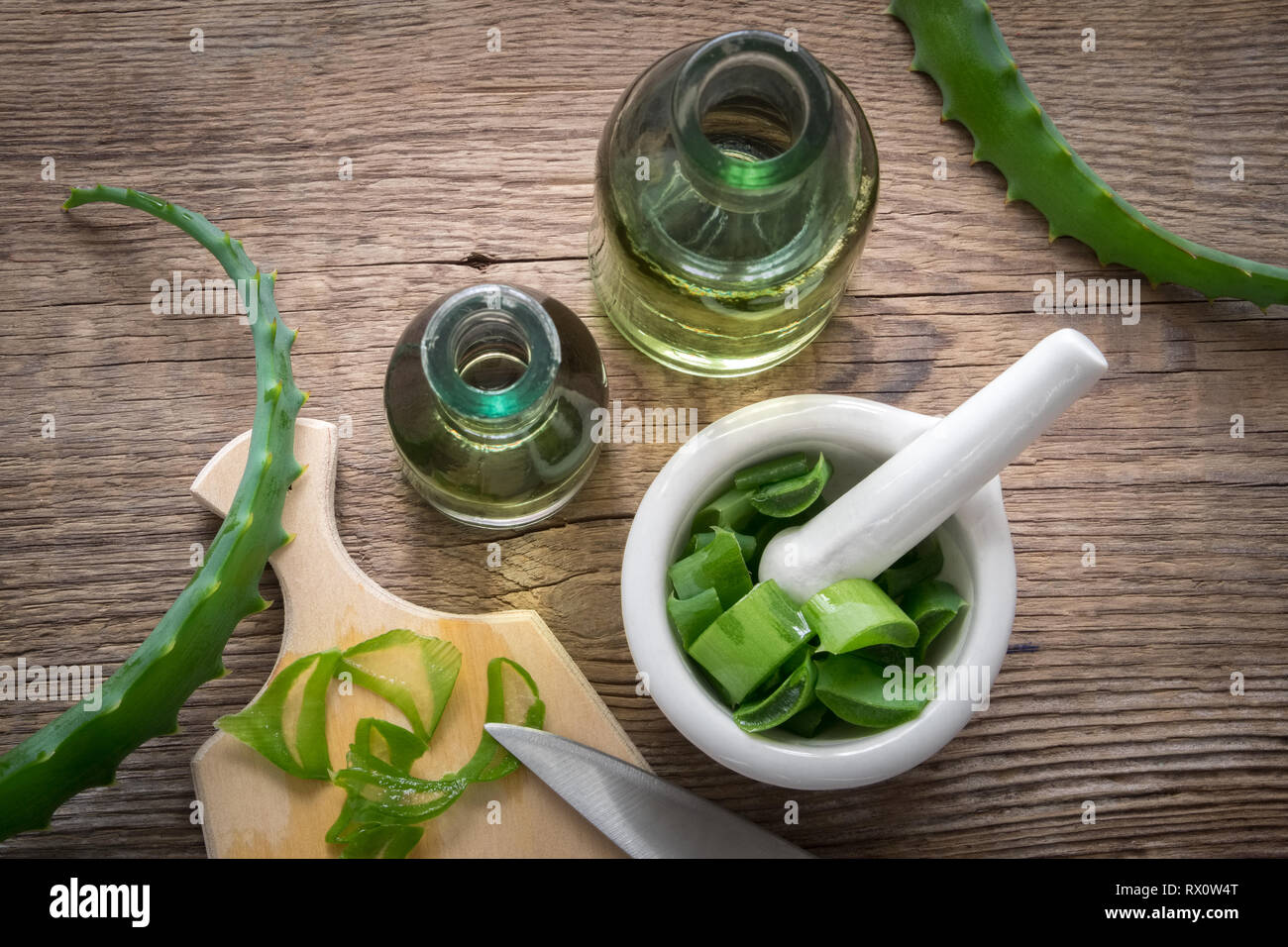 Una sana aloe vera, tagliere, Malta piena di trito di aloe e bottiglie di aloe gel o infusione. Vista dall'alto. Foto Stock