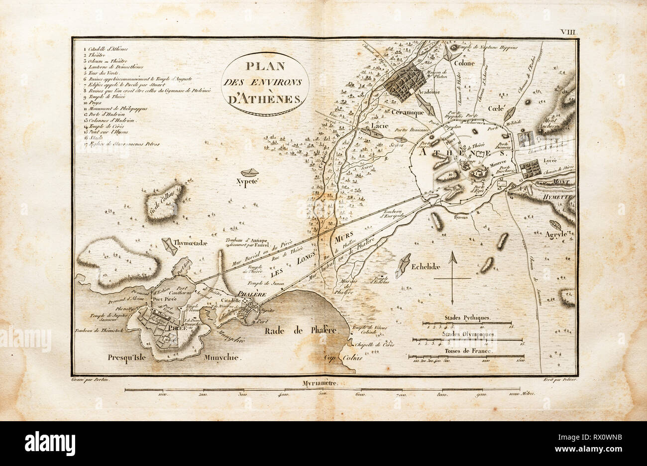 Vecchia mappa della zona intorno ad Atene in Grecia da un 1802 libro in francese Foto Stock