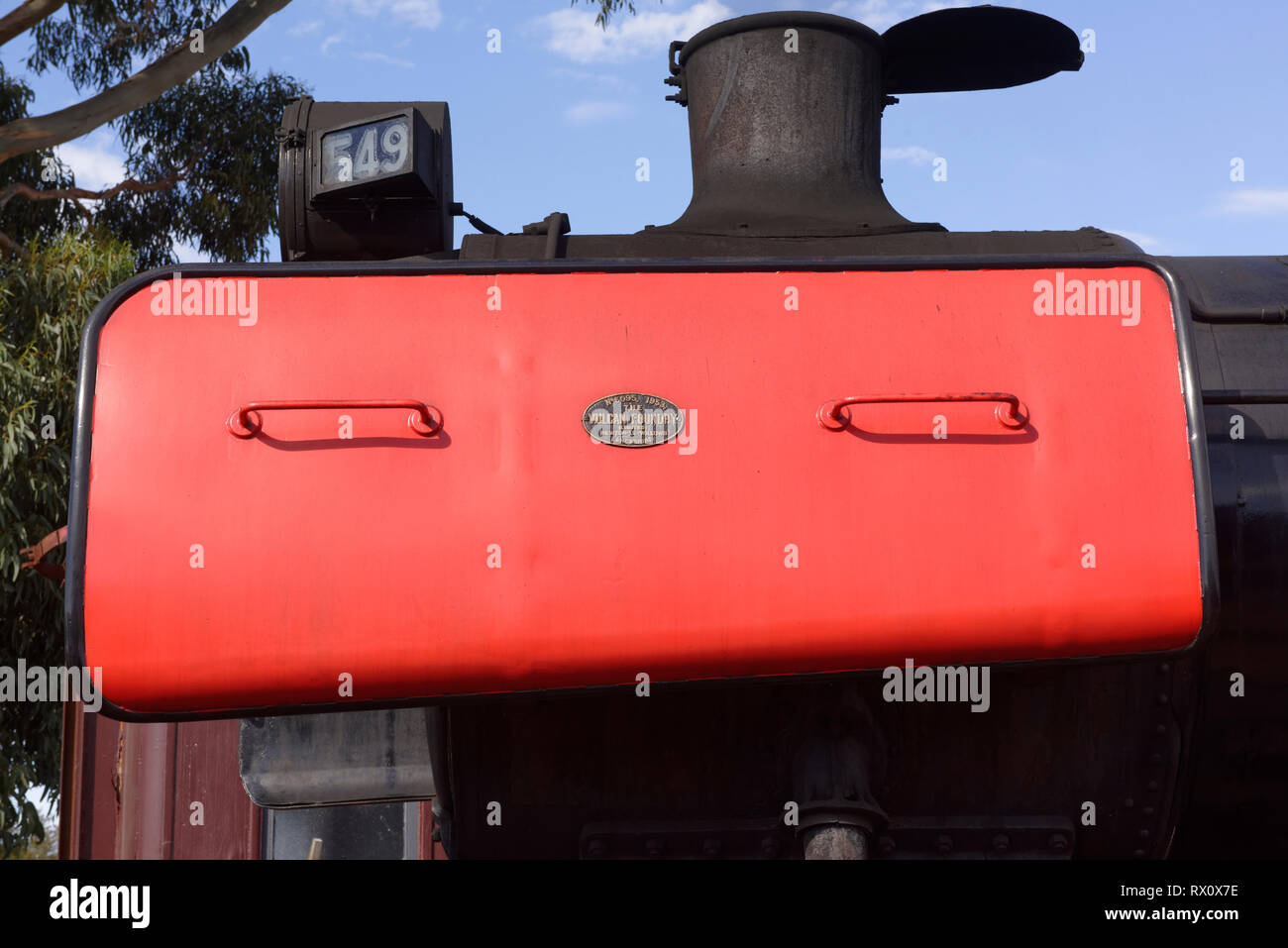 L'J549 bruciare olio locomotiva a vapore costruito nel 1954 dalla British locomotore builder Vulcan Foundry Limited, Maldon stazione ferroviaria Victoria, Austra Foto Stock