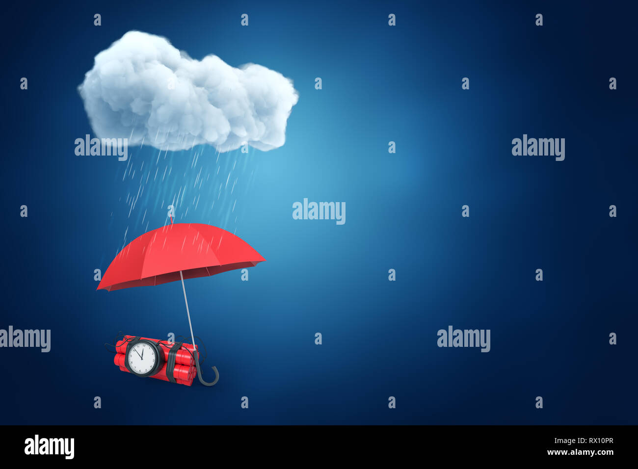 3D rendering di un ombrello proteggendo il fascio di dinamite con una bomba a orologeria dalla pioggia, con molto spazio copia verso sinistra. Foto Stock