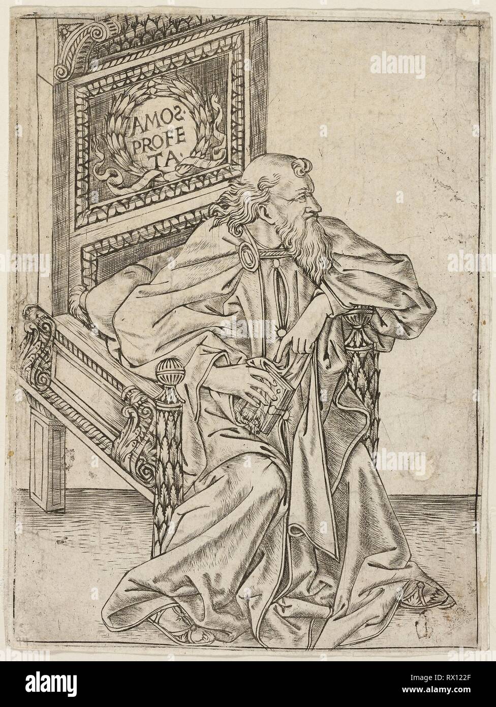 Il profeta Amos. Attribuito a Baccio Baldini; Italiano, c. 1436-1487. Data: 1465-1475. Dimensioni: 141 x 106 mm (piastra); 142 x 108 mm (foglio). Incisione in grigio-nero su carta. Origine: Italia. Museo: Chicago Art Institute. Foto Stock