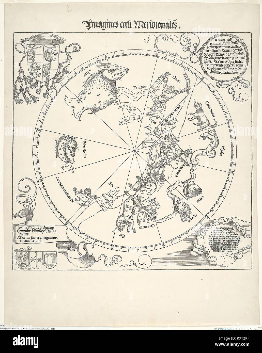 Mappa celeste del cielo australe (Immagina coeli meridionalis). Albrecht Dürer; Tedesco, 1471-1528. Data: 1515. Dimensioni: 431 x 433 mm (nell'immagine); 585 x 463 mm (foglio). Xilografia in nero su avorio di cui la carta. Origine: Germania. Museo: Chicago Art Institute. Foto Stock