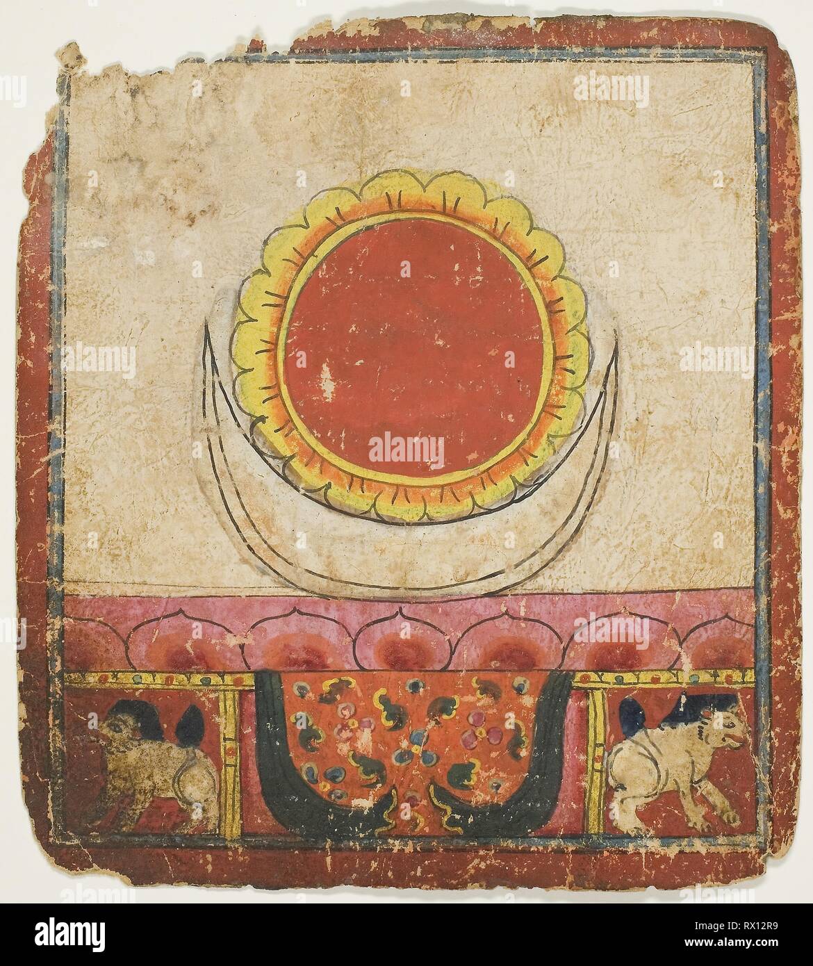 Il sole, la luna e Lotus sul trono di Lion, a partire da un set di schede di iniziazione (Tsakali). Sud del Tibet. Data: 1301-1500. Dimensioni: 16 x 14,5 cm (6 1/4 x 5 3/4 in.). China e acquarello su carta. Origine: Il Tibet. Museo: Chicago Art Institute. Foto Stock