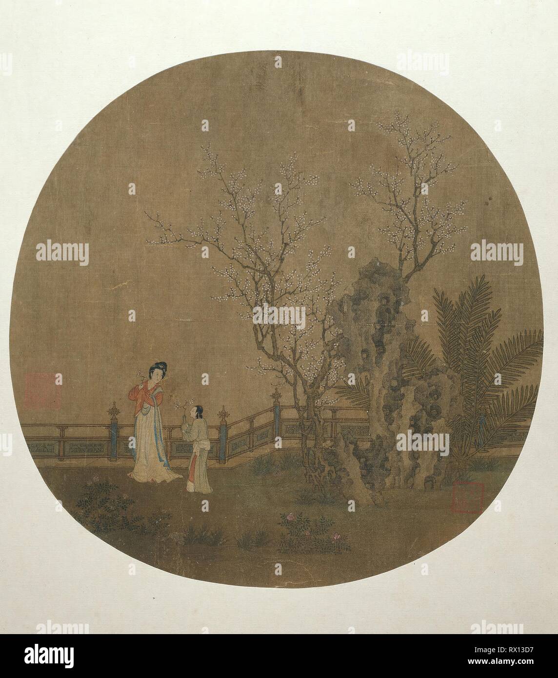 Donna con servo femmina in un giardino di un palazzo. Artista sconosciuto; Cinese. Data: 1375-1500. Dimensioni: 25 × 26 cm. Album Leaf; inchiostro e colori su seta. Provenienza: Cina. Museo: Chicago Art Institute. Foto Stock