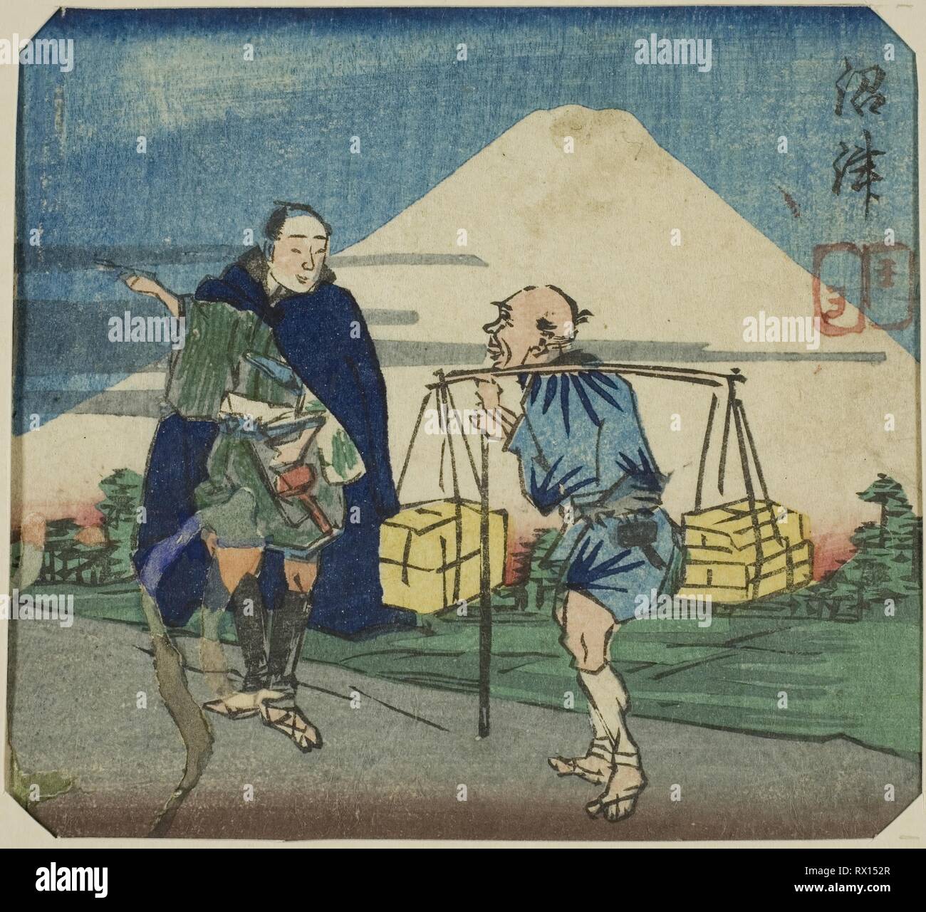 Numazu, la sezione di un foglio da la serie 'A SPECCHIO Harimaze di joruri riproduce (Harimaze joruri kagami)'. Utagawa Kuniyoshi; Giapponese, 1787-1861. Data: 1854. Dimensioni: 9,8 x 10,5 cm (3 7/8 x 4 1/8 in.). Colore stampa woodblock; sezione di foglio harimaze. Provenienza: Giappone. Museo: Chicago Art Institute. Foto Stock