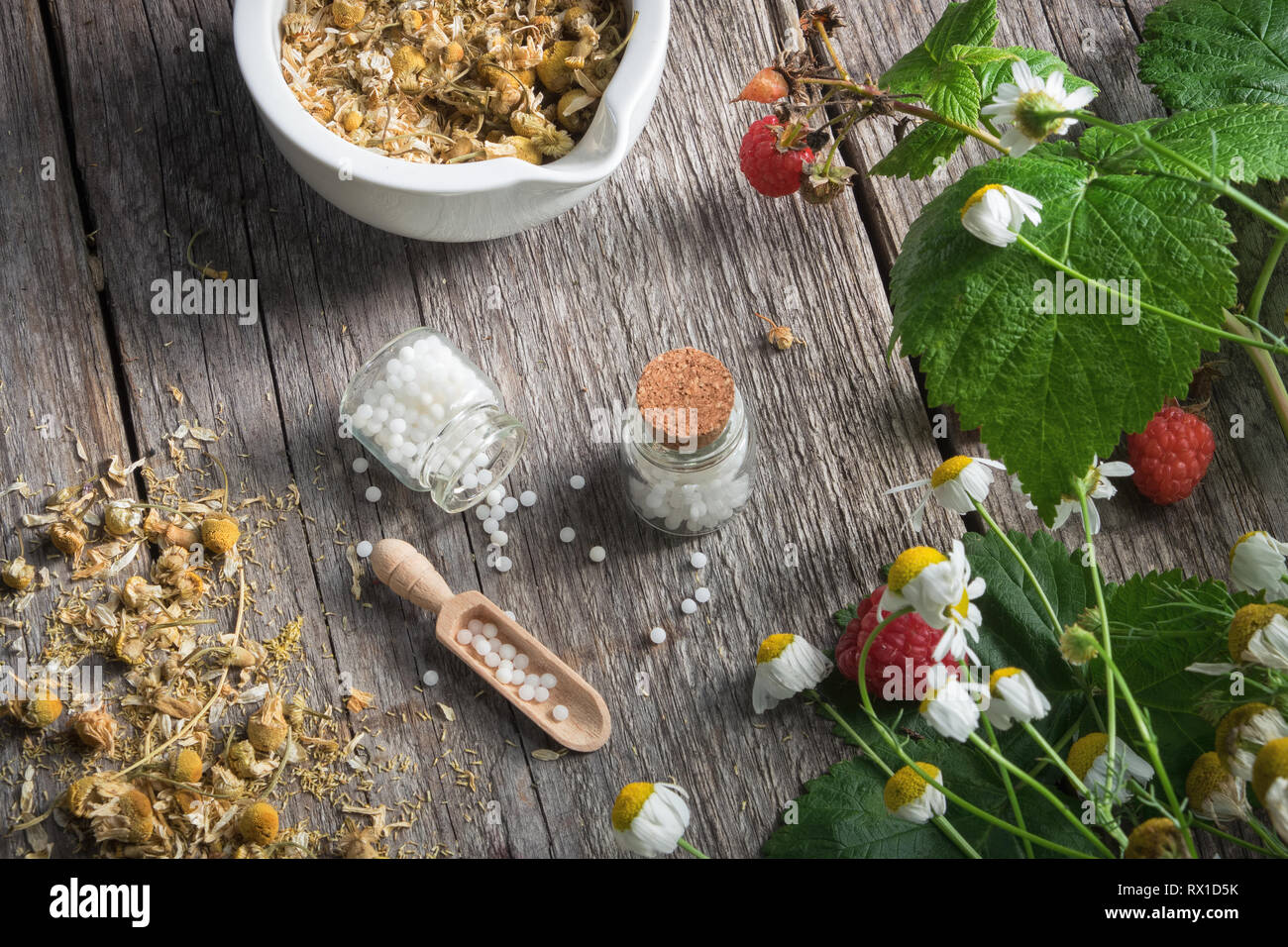 La malta di margherite secchi Erbe, globuli omeopatici e piante di camomilla. Vista dall'alto. L'omeopatia e la medicina di erbe. Foto Stock