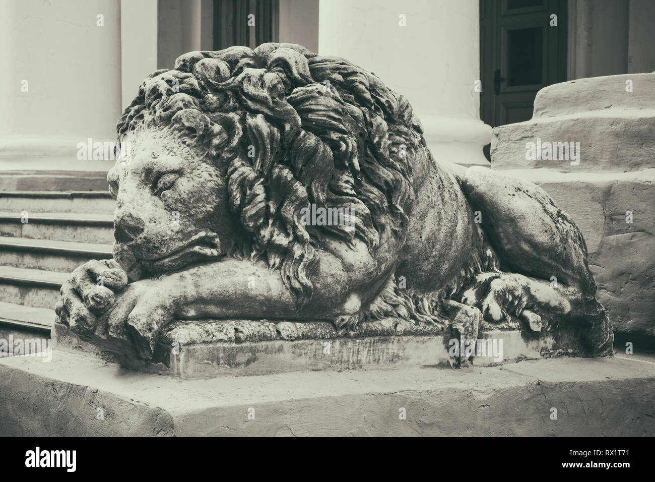 Vintage vecchio leone di pietra sui gradini del vecchio edificio. Foto Stock