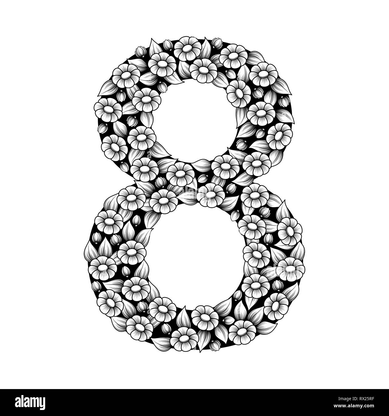 Nero numero otto con fiori bianchi e foglie Illustrazione Vettoriale
