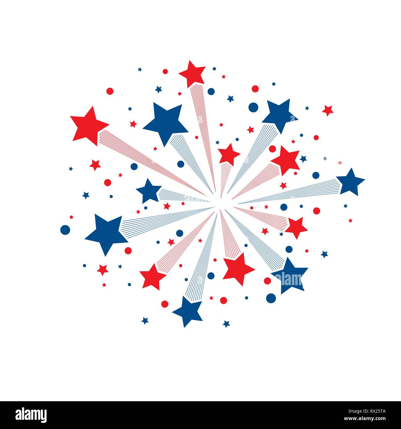 Il rosso e il blu di linee astratte di Fireworks con stelle e ambienti isolati su sfondo bianco Illustrazione Vettoriale