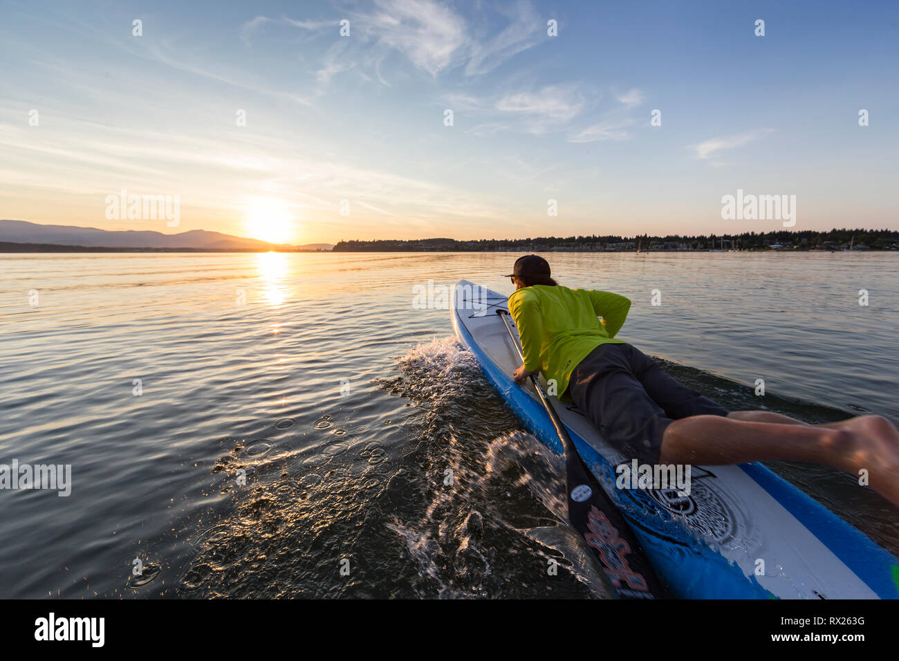 Un stand up paddleboarder lancia la sua scheda in serata acque della baia di Comox, Il Comox Valley, l'isola di Vancouver, British Columbia, Canada Foto Stock