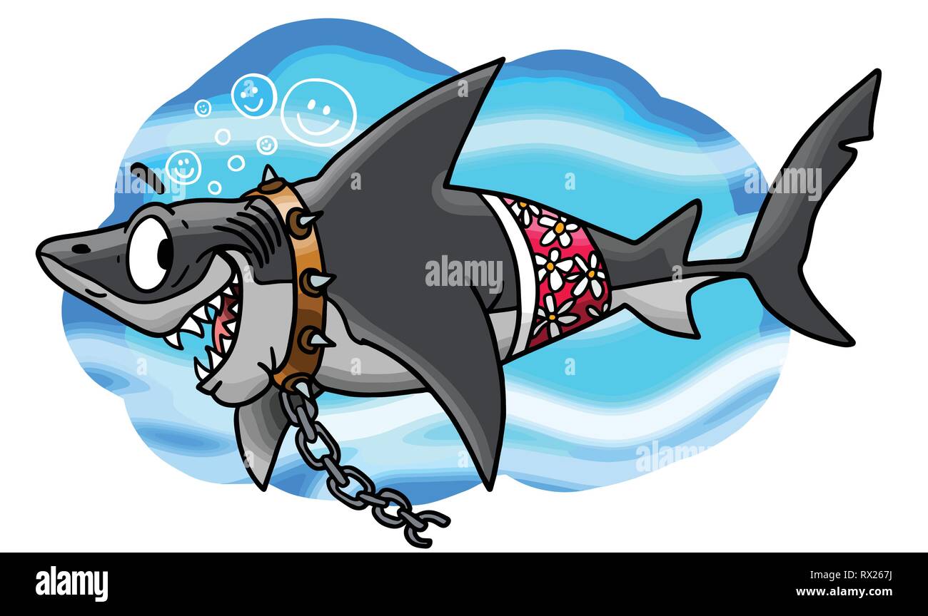 Cartoon grande squalo bianco freni libera dalle sue catene illustrazione vettoriale Illustrazione Vettoriale