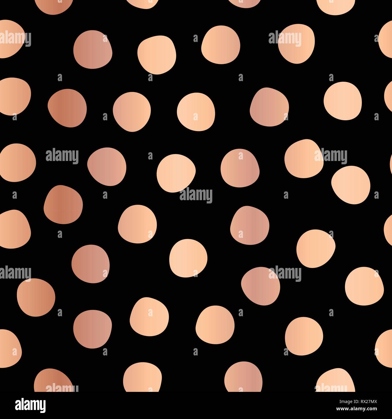 Polka puntini oro rosa su sfondo vettoriale nero senza giunture. Ripetizione di cerchi di rame. Sfondo elegante. Utilizzare per l'invito, la celebrazione Illustrazione Vettoriale