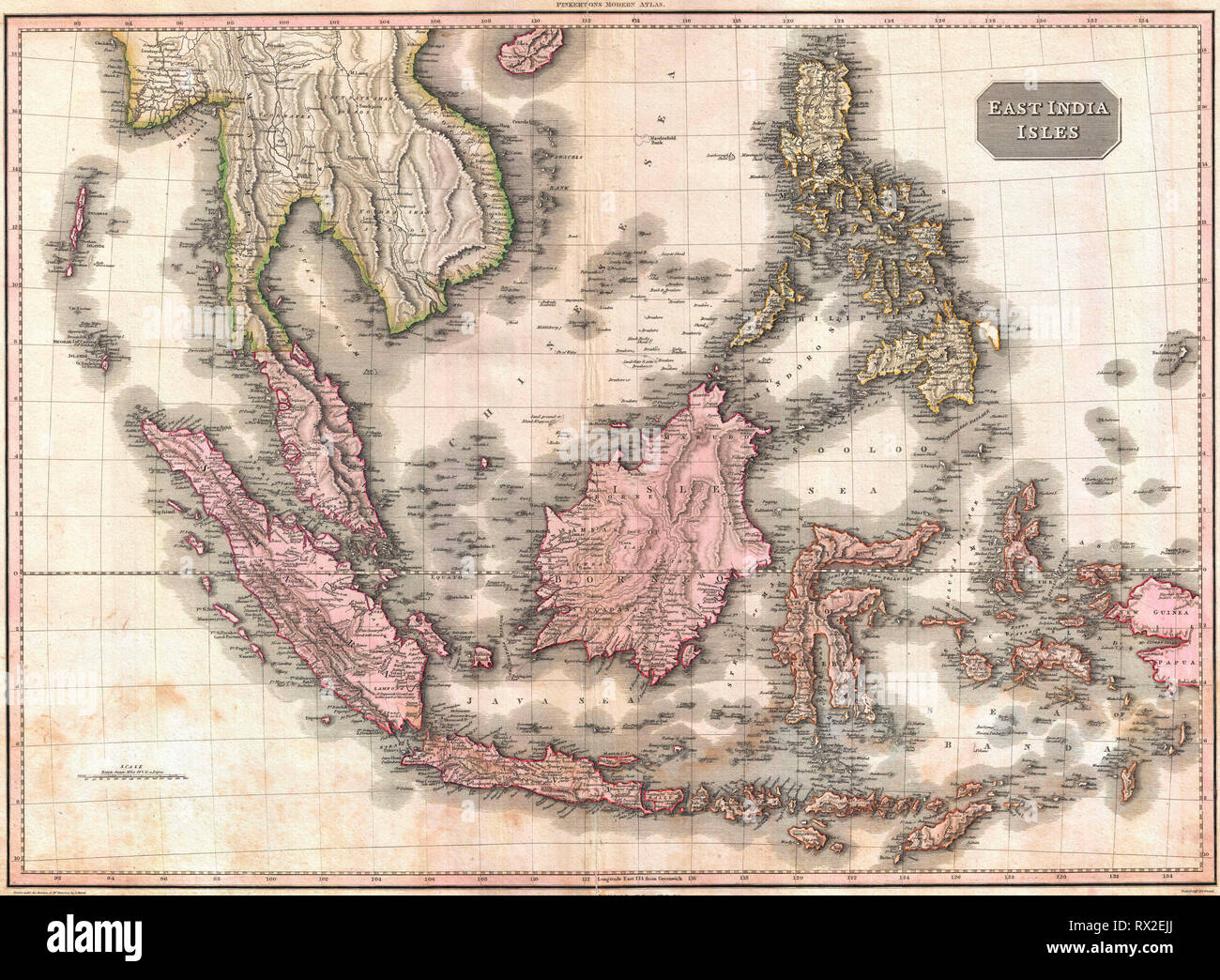 Pinkerton è straordinario 1818 mappa delle Indie Orientali. Coperchi dalla Birmania sud a Java e dalle Isole Andamane verso est per quanto riguarda le Filippine e in Nuova Guinea. Include tutta la penisola Malese, gran parte del sud-est asiatico (Thailandia, Cambogia e Vietnam), Sumatra, Java, Borneo e le Filippine. Foto Stock
