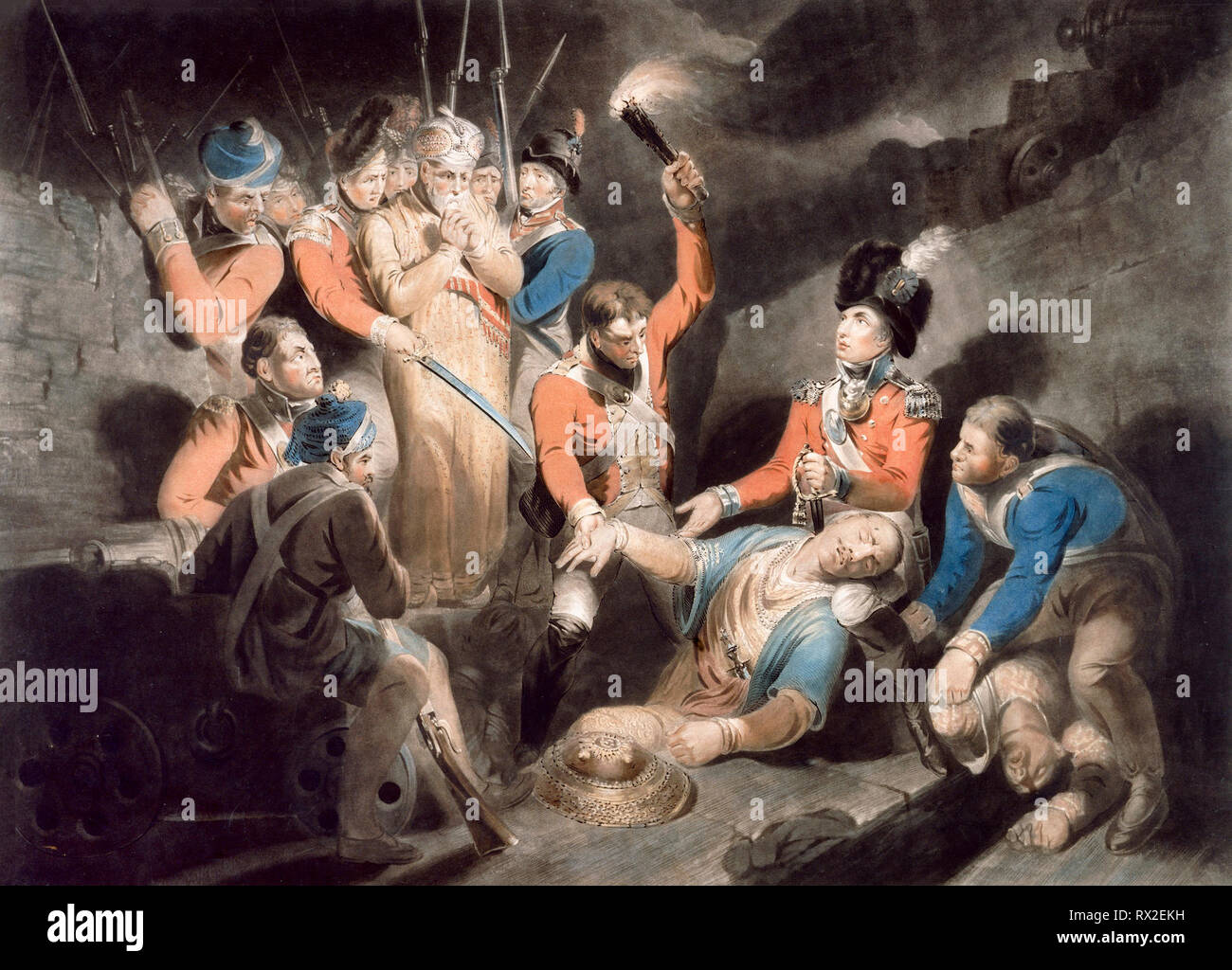 Trovare il corpo di Tipu - Trovare il corpo di Tippoo sultano. Incisione colorata. Samuel William Reynolds, 1800 Foto Stock