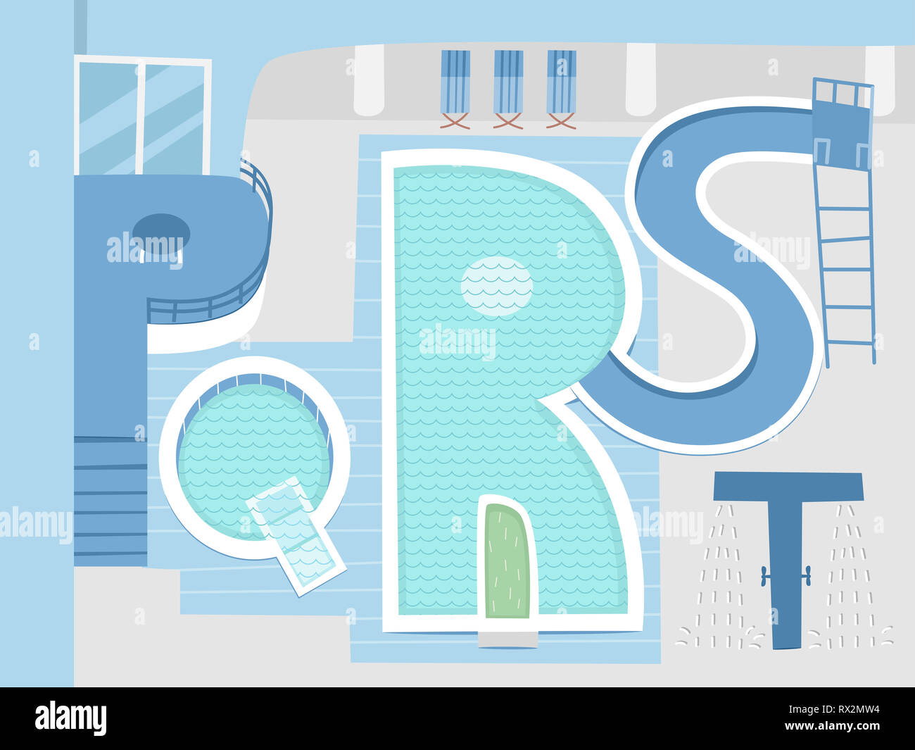 Illustrazione di una piscina interna di formatura Design PQRST Lettering Design Foto Stock