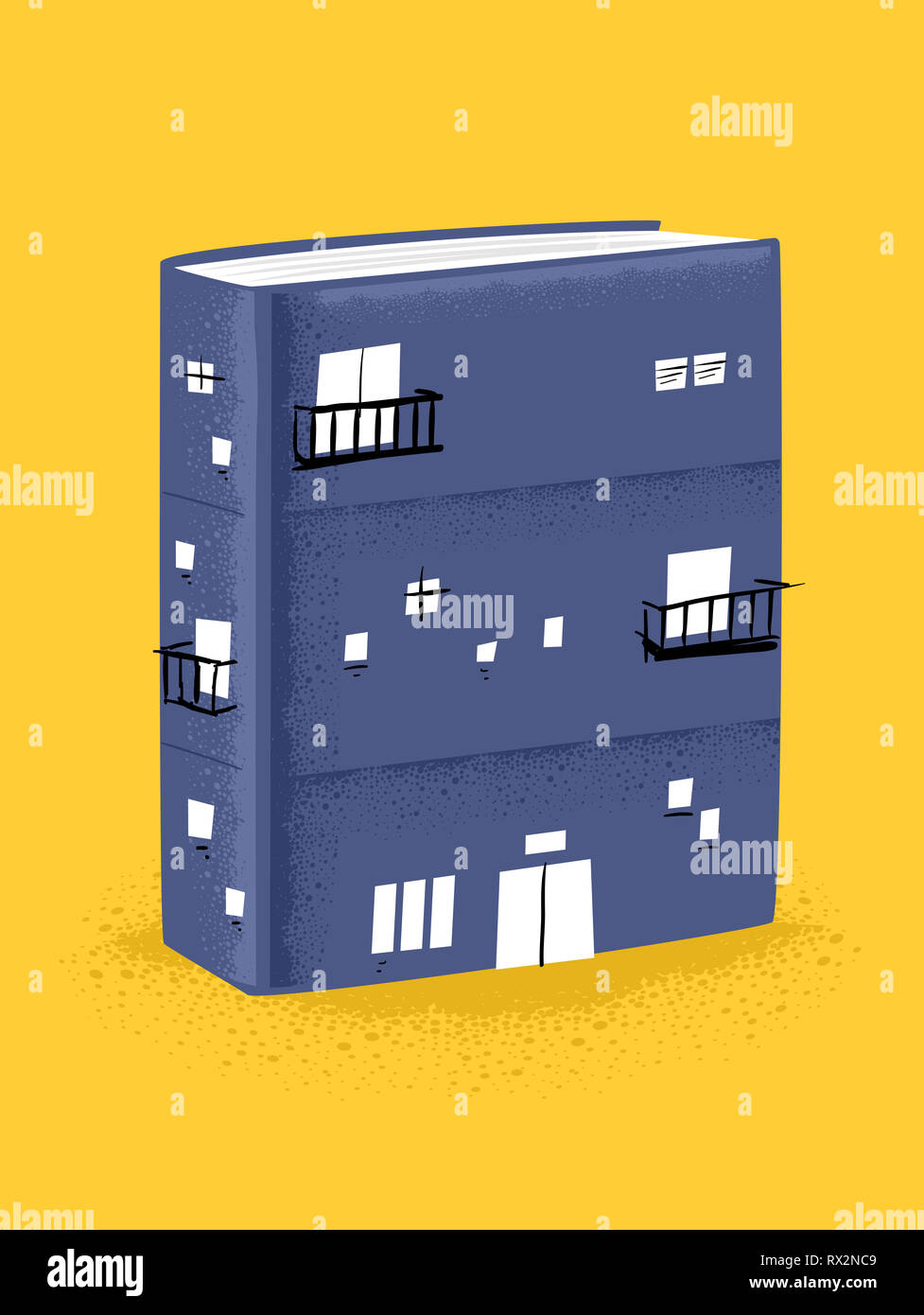 Illustrazione di un libro blu edificio in miniatura con porte e finestre Foto Stock