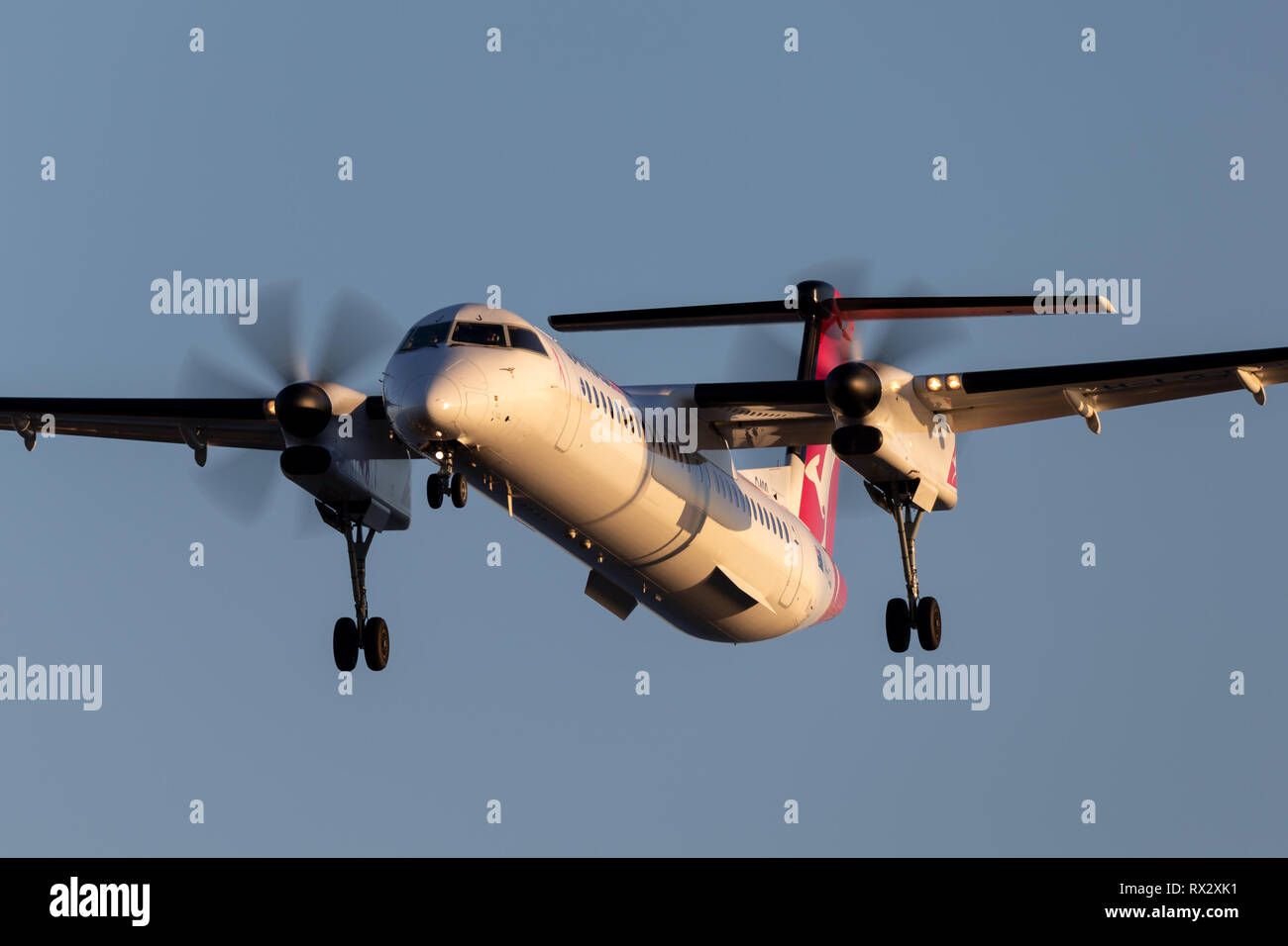 QantasLink (Sunstate airlines) Bombardier DHC-8-402 twin motore a turboelica regionali di aereo di linea sulla rotta di avvicinamento ad atterrare all'Aeroporto di Adelaide. Foto Stock
