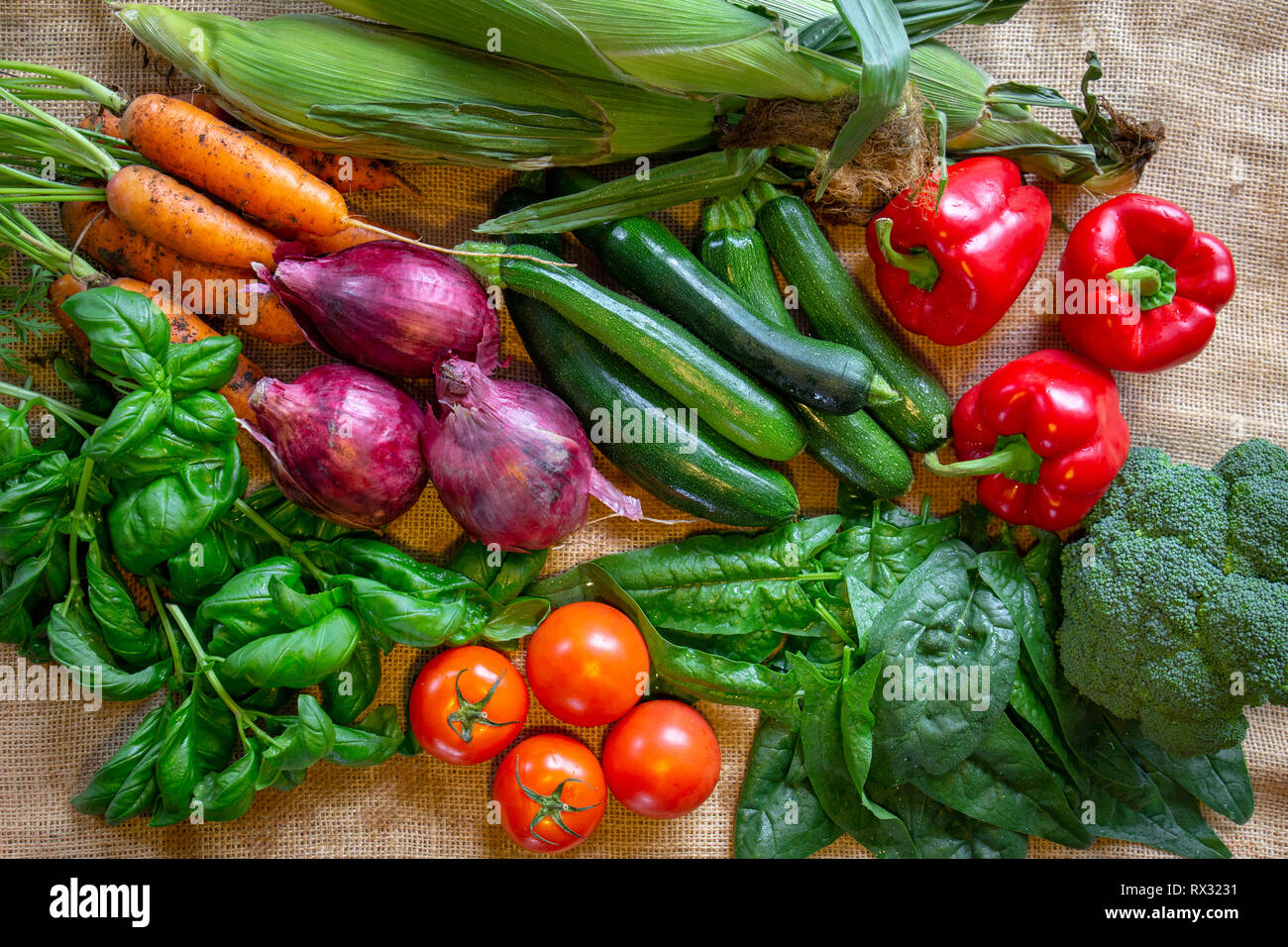 Un assortimento di prodotti freschi e salutari e di verdure di stagione dal giardino in estate Foto Stock